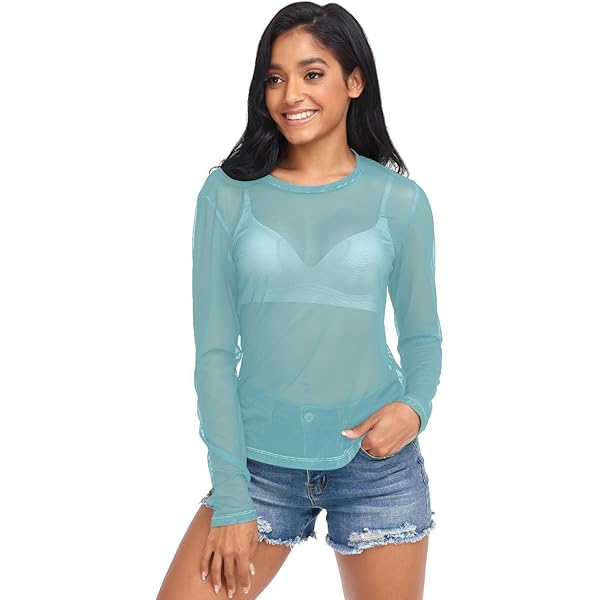 J JOYSAY Turquoise Gradient See Through Tops for Women Mesh